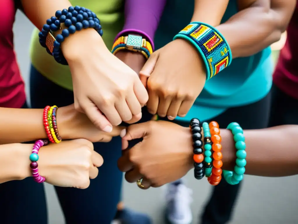 Un grupo diverso de personas usando pulseras de actividad con influencia asiática en un entorno natural, mostrando satisfacción y empoderamiento