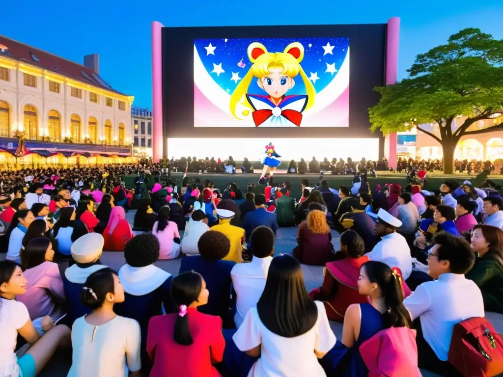 Grupo diverso en plaza de ciudad viendo Sailor Moon