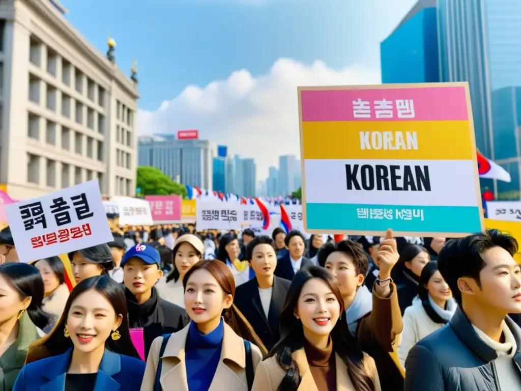 Grupo diverso en plaza de la ciudad, sosteniendo carteles inspirados en series asiáticas movimientos sociales