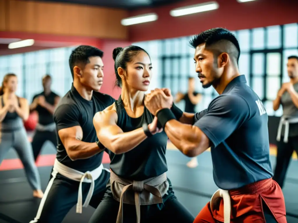 Un grupo diverso de practicantes de artes marciales entrenando juntos en un gimnasio moderno, con expresiones intensas y movimientos dinámicos precisos mientras practican técnicas de Jeet Kune Do