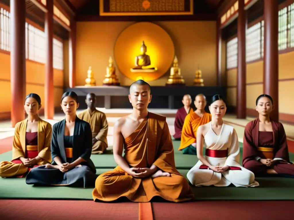 Grupo diverso de practicantes del Budismo en Occidente adaptación evolución, meditando juntos en un templo sereno y soleado