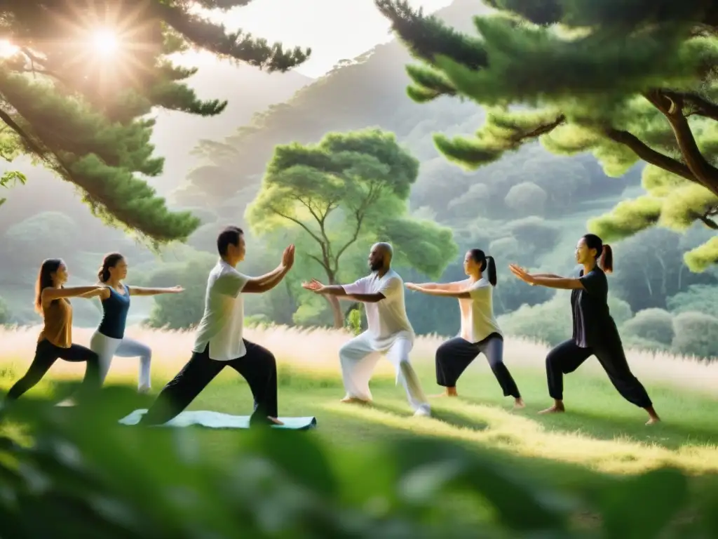 Un grupo diverso practica Qi Gong para principiantes en un entorno natural tranquilo y armonioso, con movimientos lentos y meditación