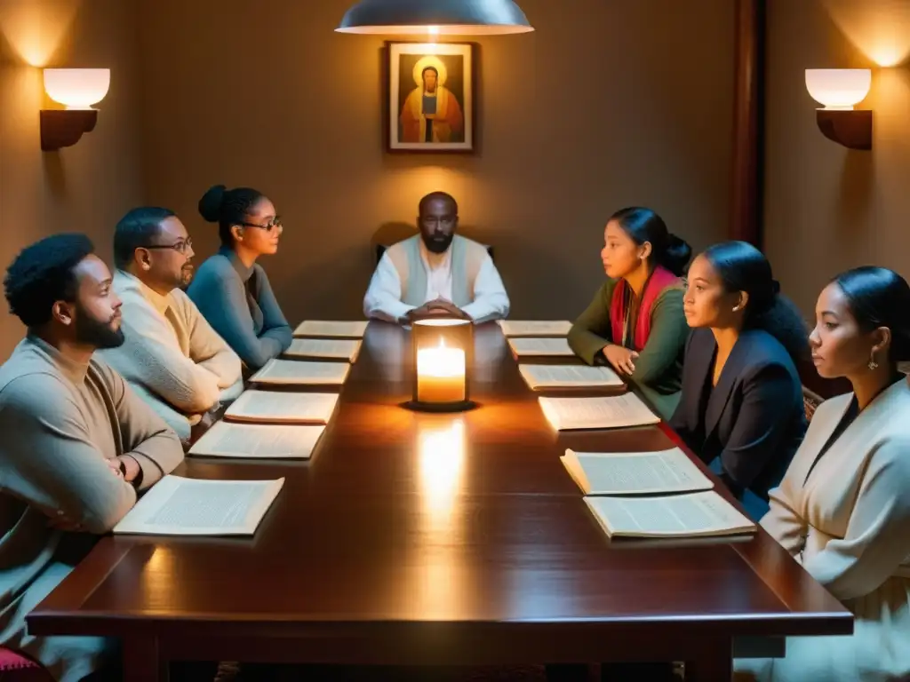 Grupo diverso en profunda conversación en una habitación iluminada por velas, promoviendo el diálogo interreligioso y la filosofía oriental