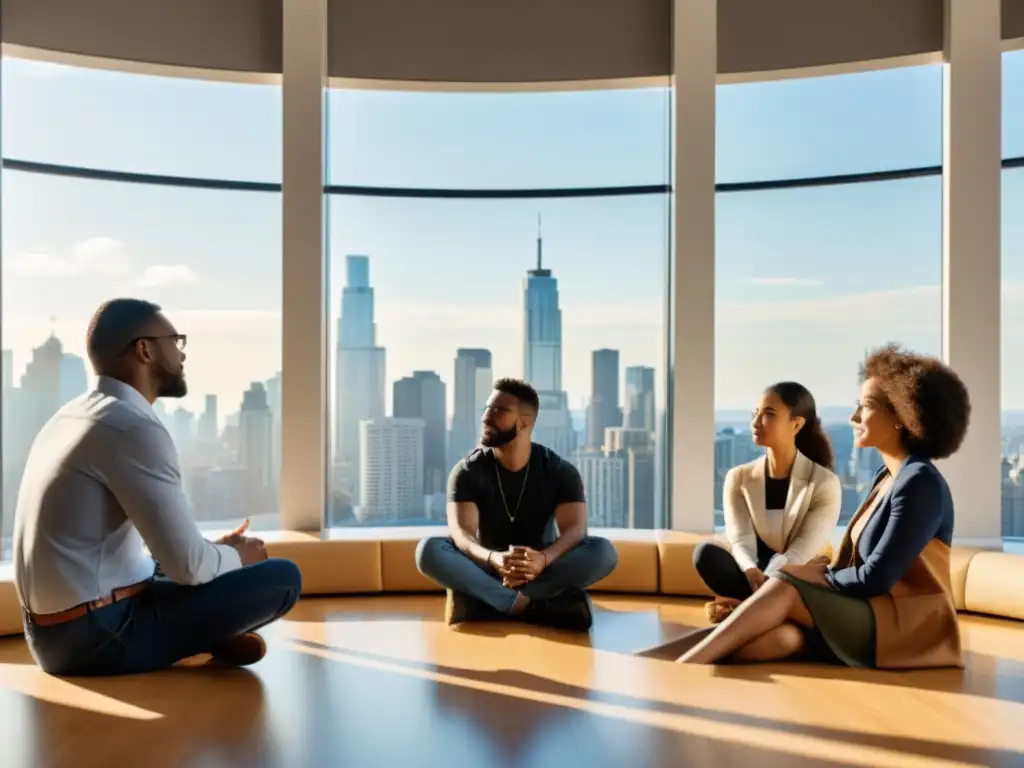 Grupo diverso en profunda discusión, con la ciudad de fondo