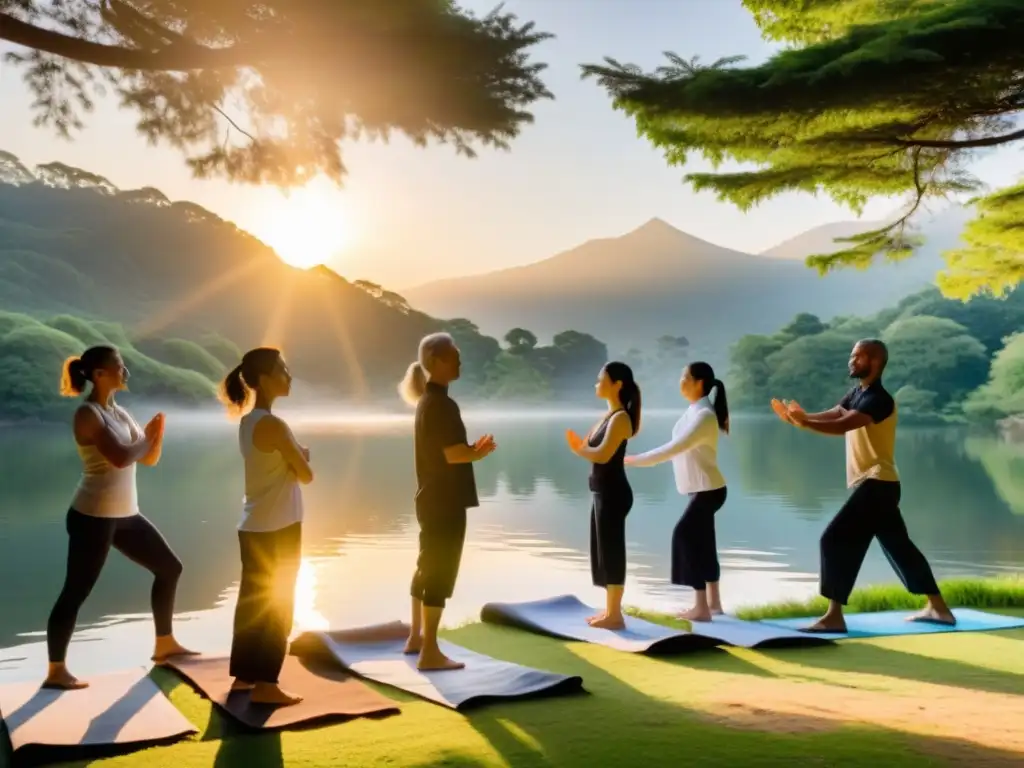 Grupo diverso practicando Qigong al amanecer en la naturaleza, transmitiendo paz y bienestar