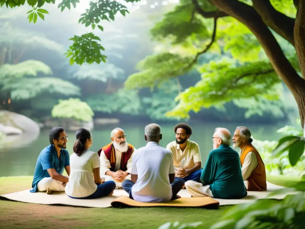 Grupo diverso reflexiona sobre las Raíces del Pensamiento Hindú en un escenario natural y sereno, iluminado por luz cálida
