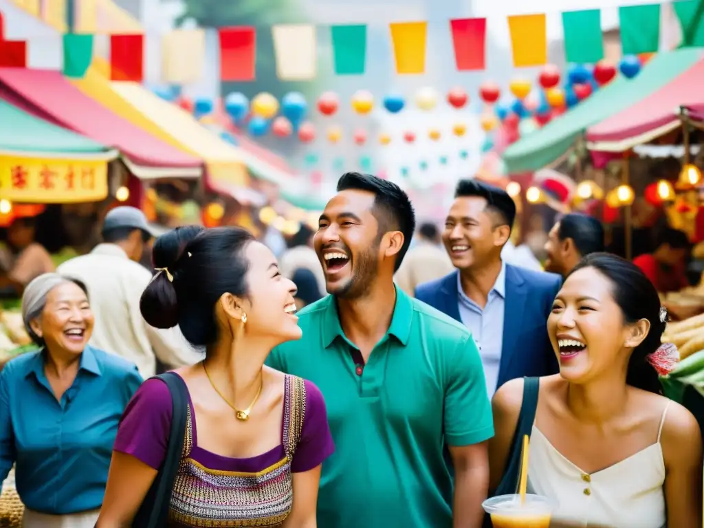 Un grupo diverso comparte risas en un bullicioso mercado al aire libre