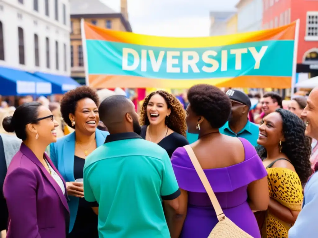 Un grupo diverso comparte risas y conversaciones en una plaza de ciudad, promoviendo la inclusión