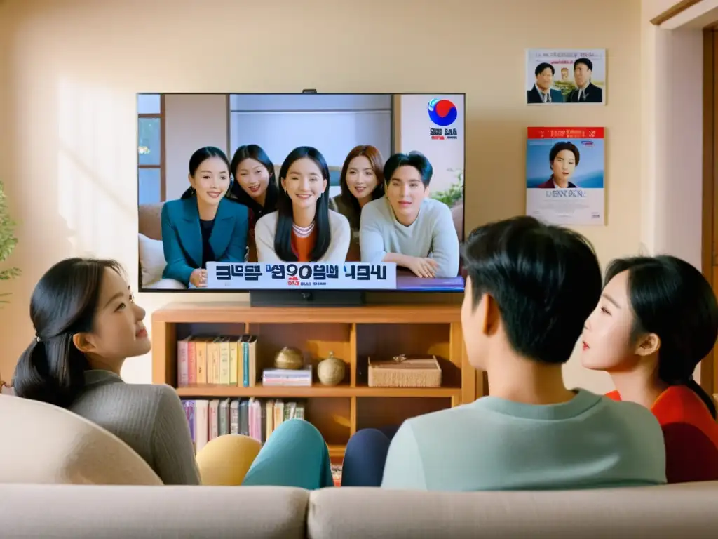 Un grupo diverso se reúne en una sala acogedora, cautivados viendo un drama coreano