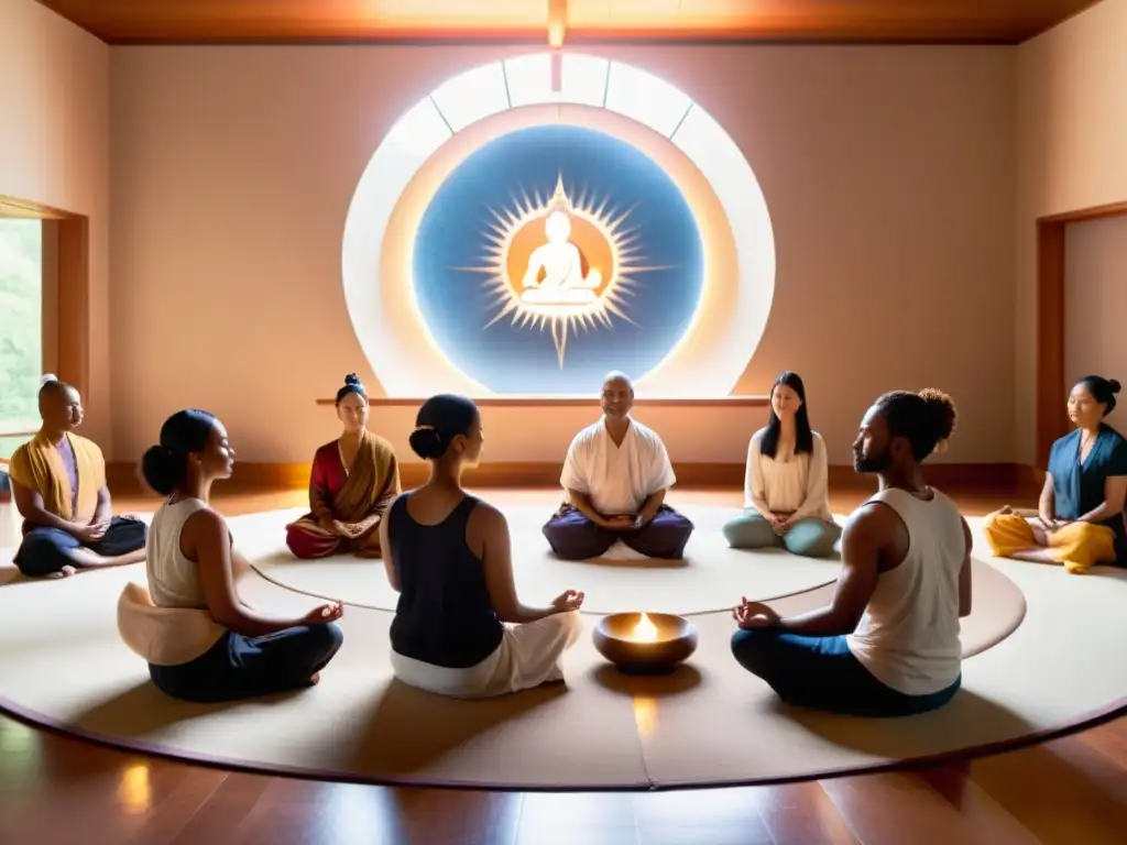 Un grupo diverso medita en un salón iluminado por el sol