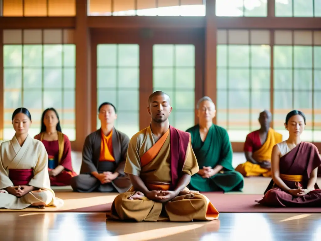 Grupo diverso meditando en un salón con luz natural