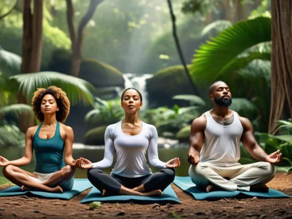 Grupo diverso practicando técnicas de meditación activa en un entorno natural, con movimientos dinámicos y ojos cerrados