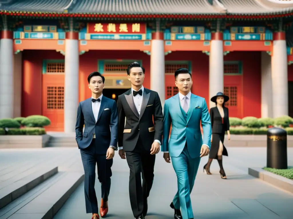 Un grupo elegante muestra trajes occidentales con estilo Shanghai en bulliciosa calle de la ciudad, fusionando moda china y occidental