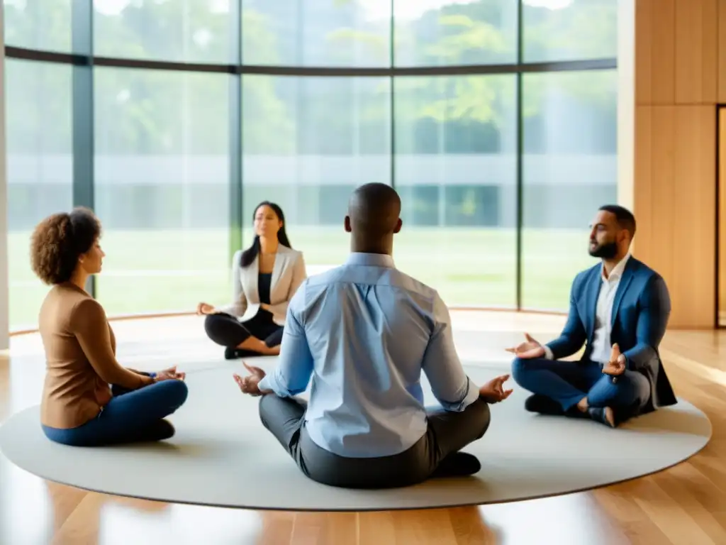 Grupo de empleados practicando mindfulness en la oficina, transmitiendo calma y enfoque