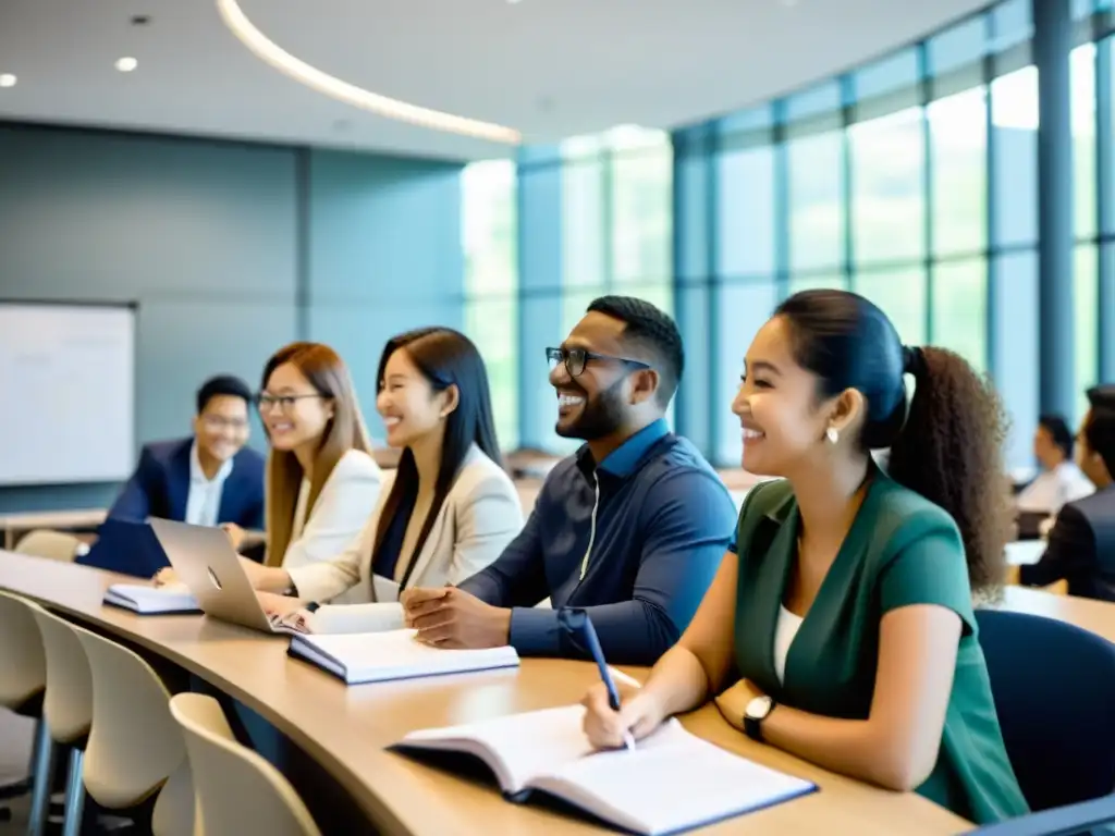 Un grupo de emprendedores diversos participa en una animada discusión en un ajetreado aula de un prestigioso MBA asiático