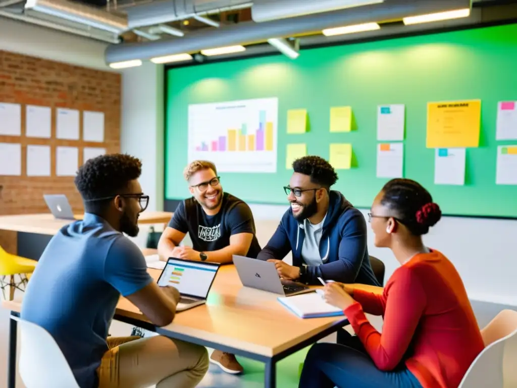 Un grupo de emprendedores jóvenes se reúnen en un espacio universitario moderno y luminoso, discutiendo y colaborando animadamente