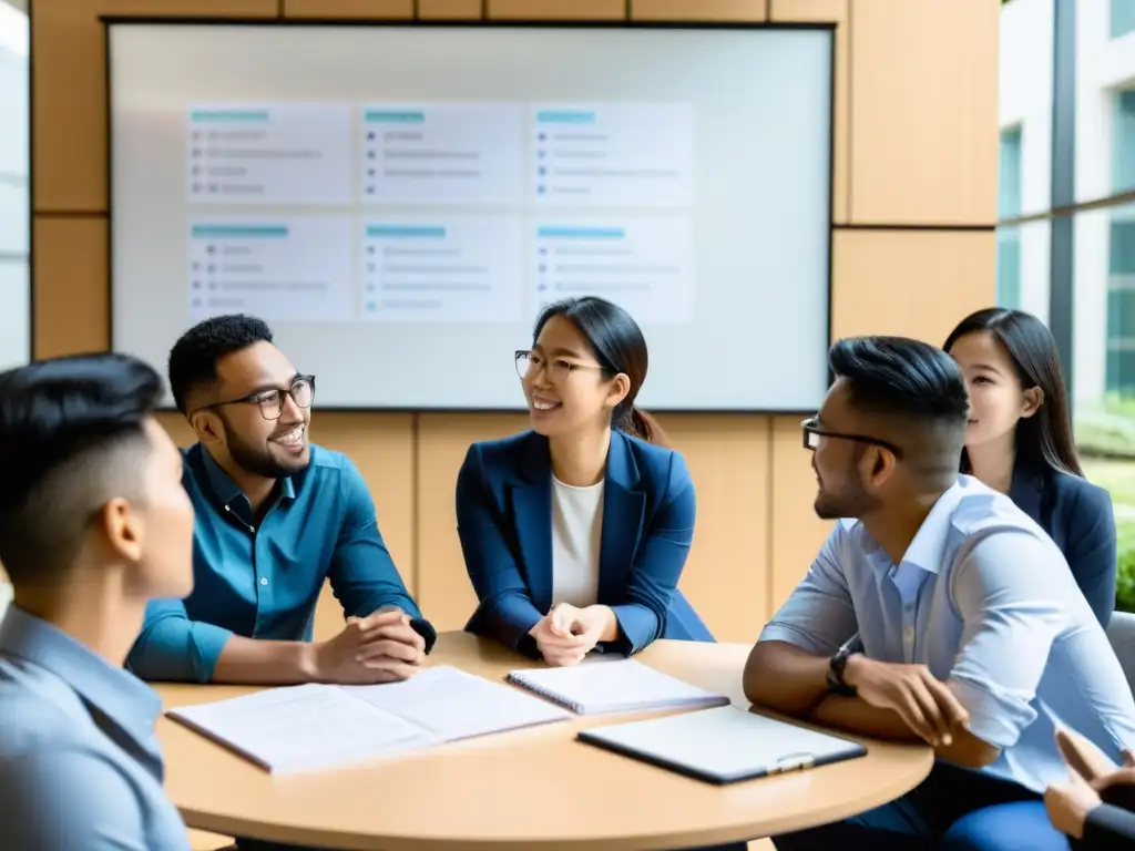 Un grupo de emprendedores jóvenes de diversas procedencias y nacionalidades discuten intensamente en el moderno campus universitario asiático