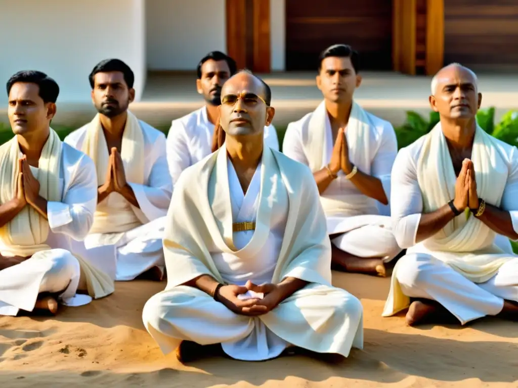 Un grupo de empresarios Jain en meditación, aplicando principios éticos en los negocios