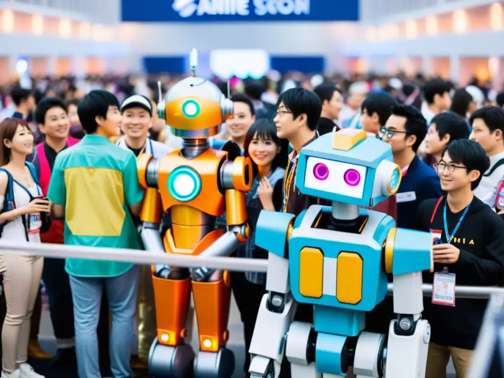 Un grupo de entusiastas del anime se maravillan ante una réplica de un famoso robot, vibrando la pasión por la cultura asiática de robots y anime