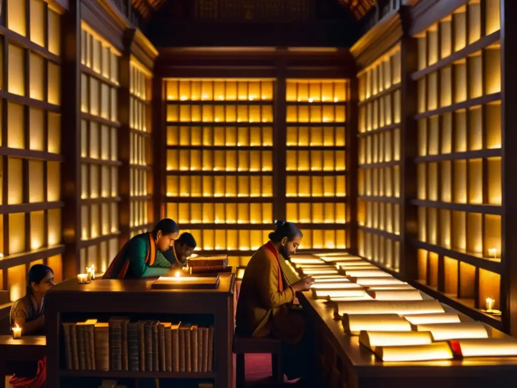 Grupo de eruditos estudian antiguo texto hindú en biblioteca ornamentada iluminada por velas, reflejando la influencia del Hinduismo en Asia