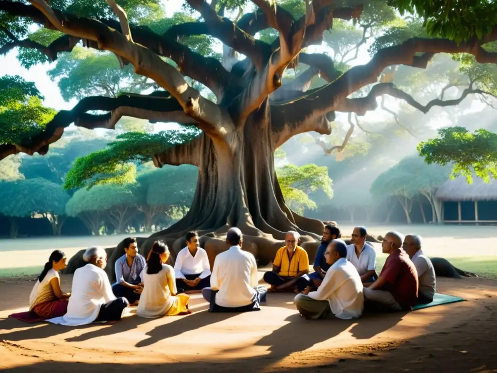 Grupo de eruditos discutiendo bajo un árbol de banyan, inmersos en la sabiduría de Vedanta