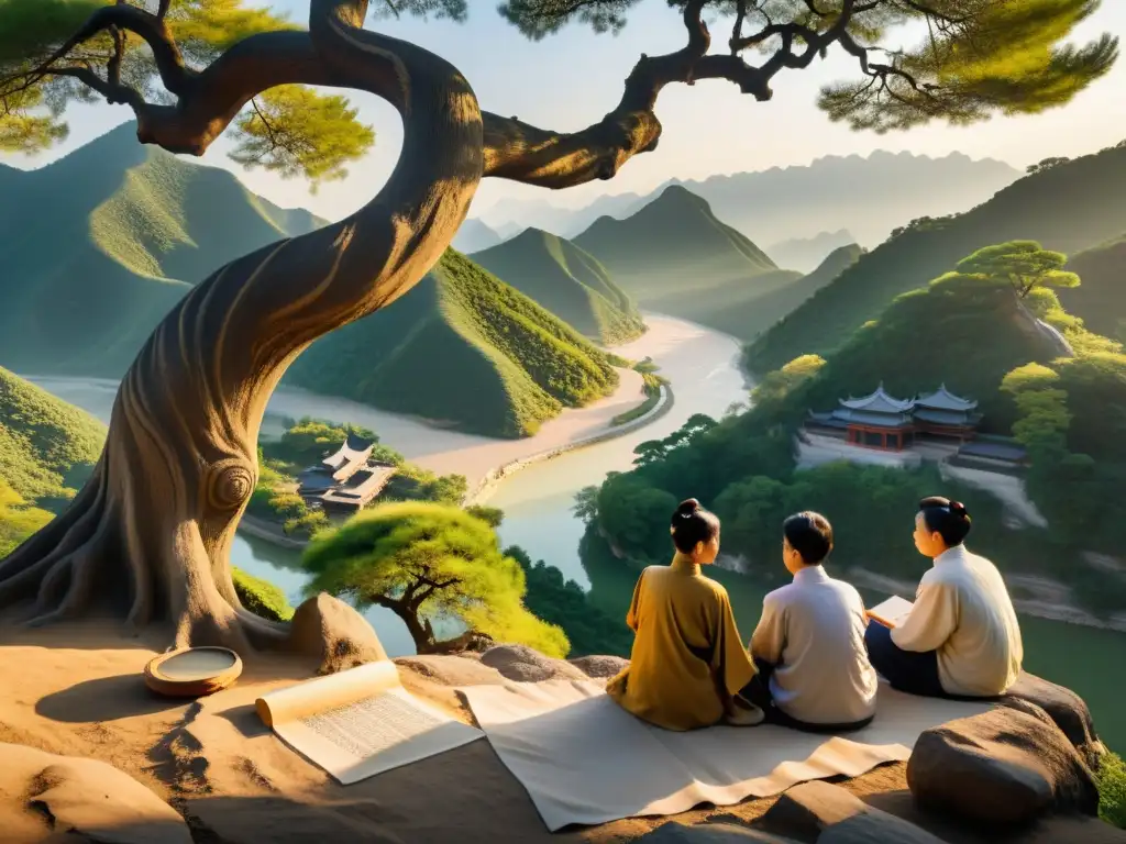 Un grupo de eruditos chinos discuten filosofía bajo un árbol centenario, en un paisaje montañoso cubierto por la neblina