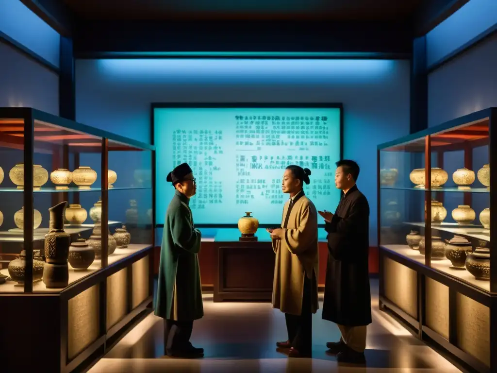 Un grupo de eruditos chinos discute artefactos Ming en un museo tenue, con iluminación atmosférica que realza la ambientación histórica