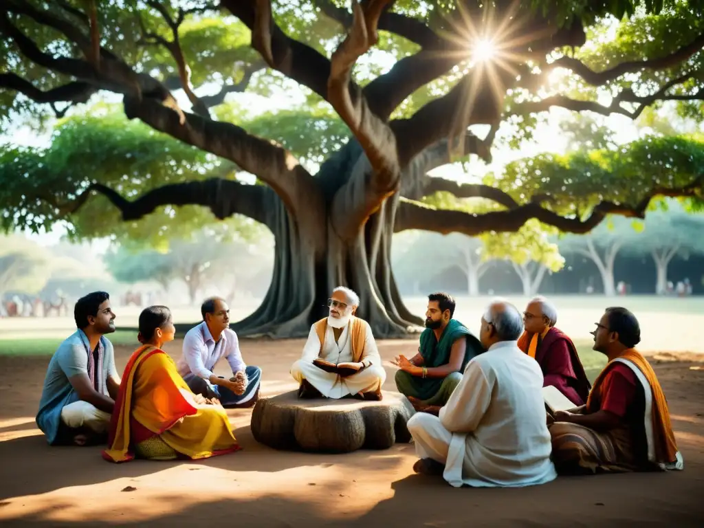 Grupo de eruditos hindúes debatiendo bajo un árbol banyan centenario en una escena culturalmente rica