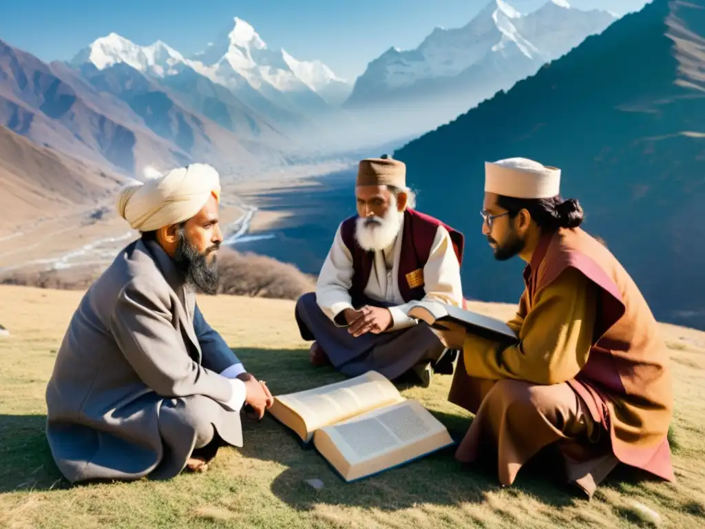 Un grupo de eruditos hindúes inmersos en una profunda discusión en los pies del Himalaya