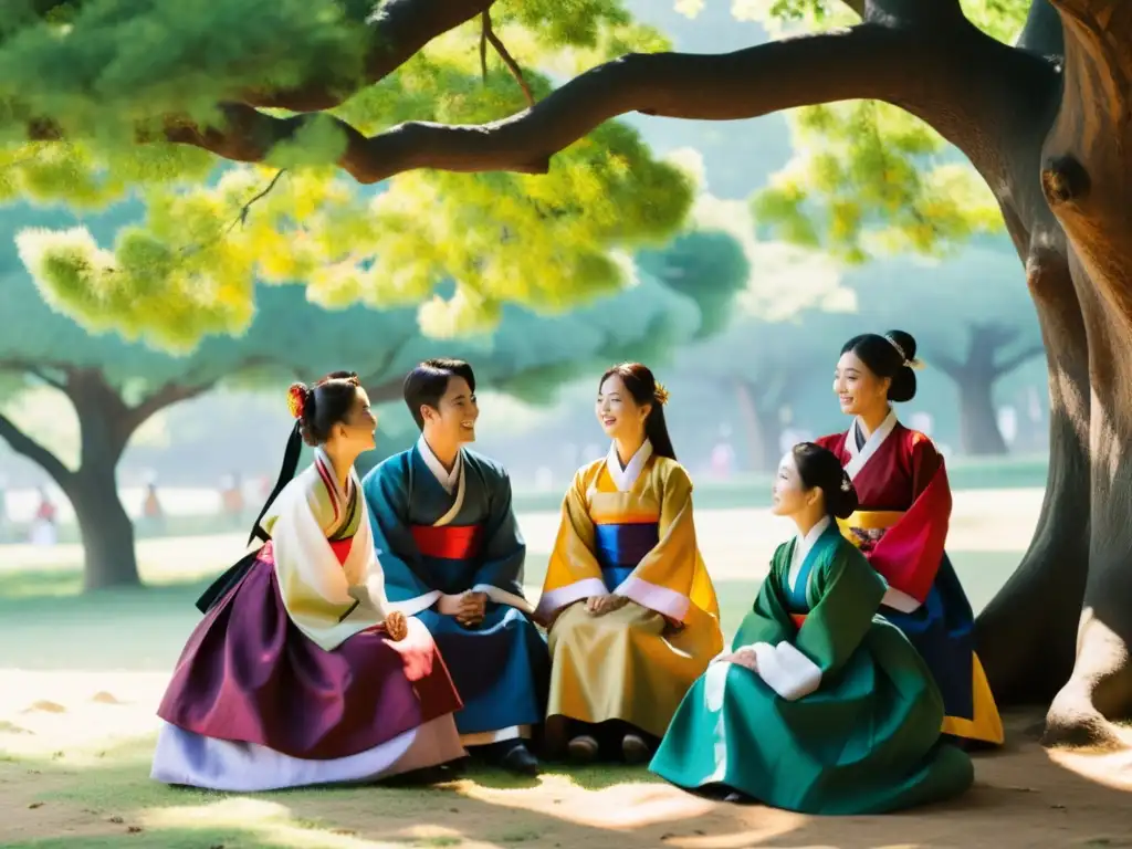 Un grupo de eruditos Seonbi vistiendo hanbok tradicional, debatiendo con pasión bajo un árbol centenario