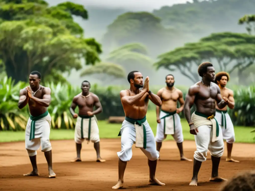 Grupo de esclavos africanos practicando Capoeira en una plantación en Brasil, expresando lucha danzada raíces africanas con intensidad y vibrantes colores