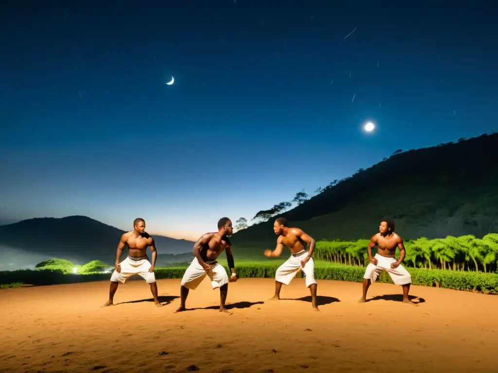 Grupo de esclavos africanos practicando capoeira bajo el cielo iluminado por la luna en una plantación en Brasil