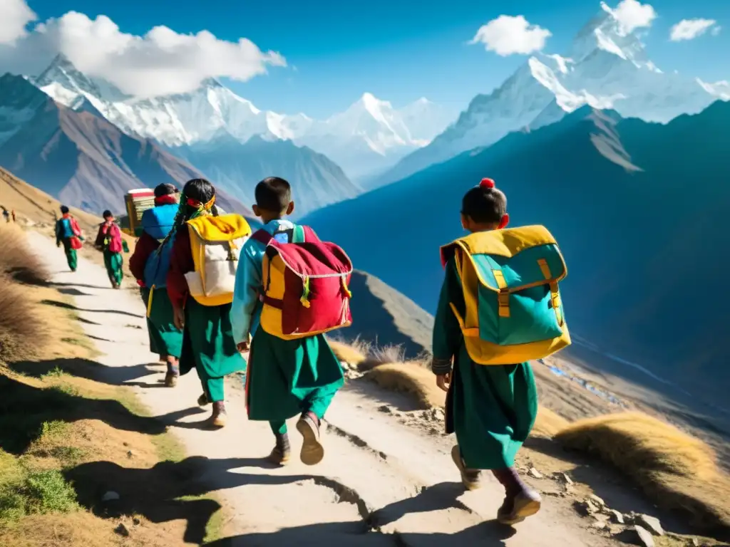 Grupo de escolares nepaleses en el Himalaya, mostrando determinación y adaptación escolar en Nepal