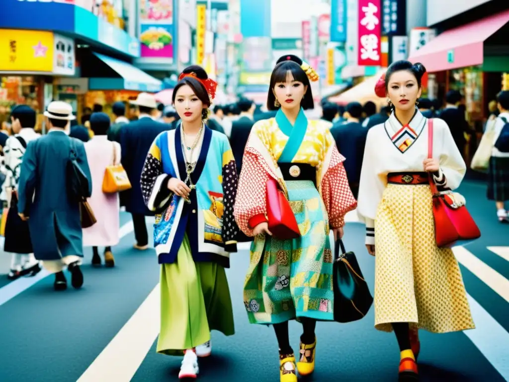 Grupo con estilo occidental con influencia Harajuku, viste prendas vibrantes en bulliciosa calle de Harajuku, Tokio