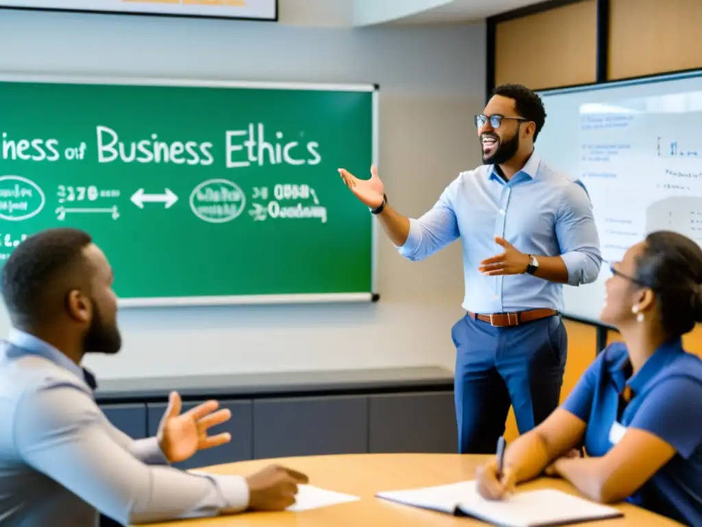 Grupo de estudiantes de MBA participando en una animada discusión sobre ética y liderazgo empresarial en un aula moderna y bien iluminada