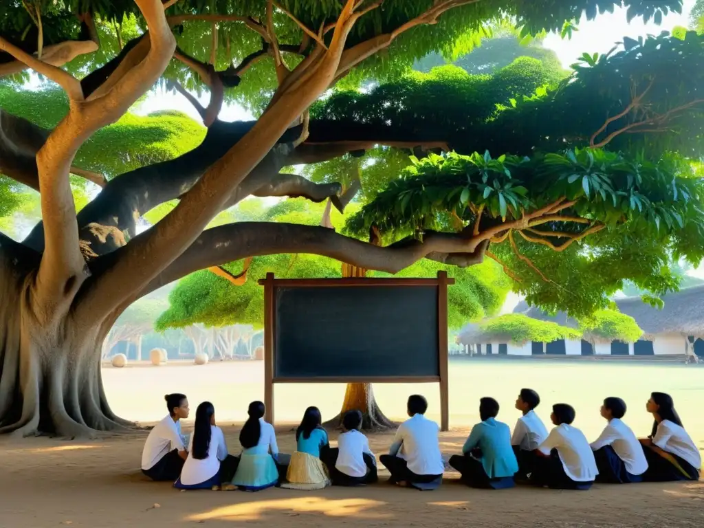 Un grupo de estudiantes estudia bajo un árbol de banyan mientras un maestro imparte una lección