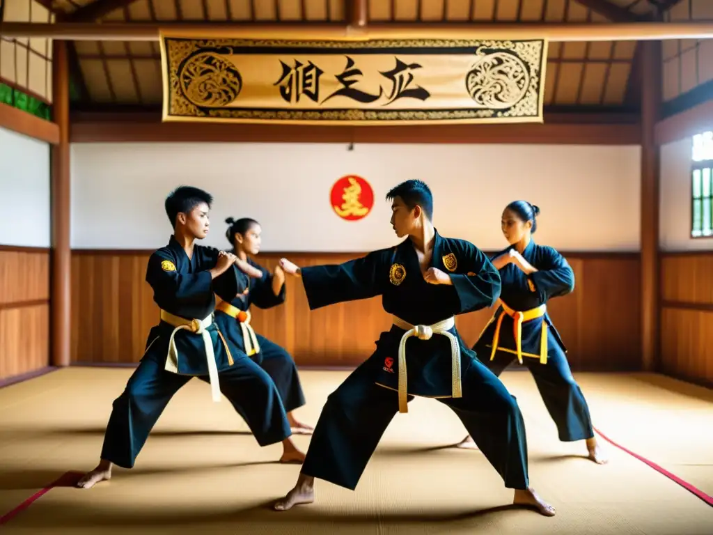 Grupo de estudiantes de artes marciales practicando Pencak Silat en un salón tradicional, demostrando la fluidez y precisión del arte antiguo