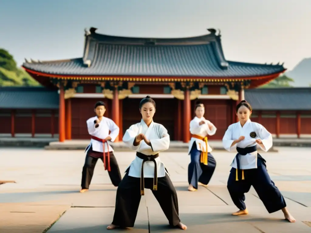 Grupo de estudiantes practicando artes marciales en un entorno asiático, destacando la importancia educativa de las artes marciales en Asia