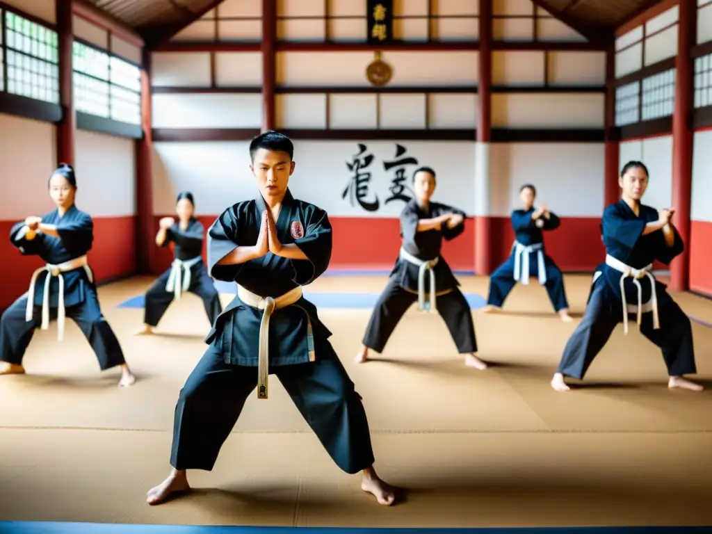 Grupo de estudiantes practicando artes marciales en un dojo tradicional en Asia, destacando la importancia educativa de artes marciales en Asia