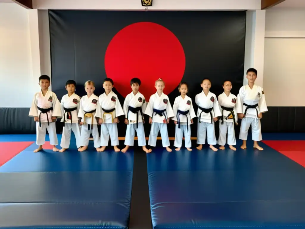 Un grupo de jóvenes estudiantes de artes marciales muestra disciplina y respeto al inclinarse ante su instructor en un dojo, transmitiendo la importancia de los valores de las artes marciales en la juventud