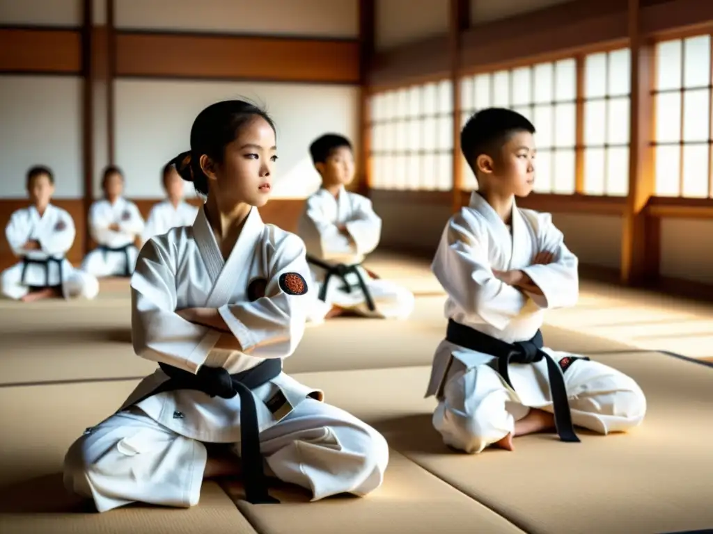 Un grupo de jóvenes estudiantes de artes marciales practican con determinación en un dojo soleado, reflejando disciplina y concentración