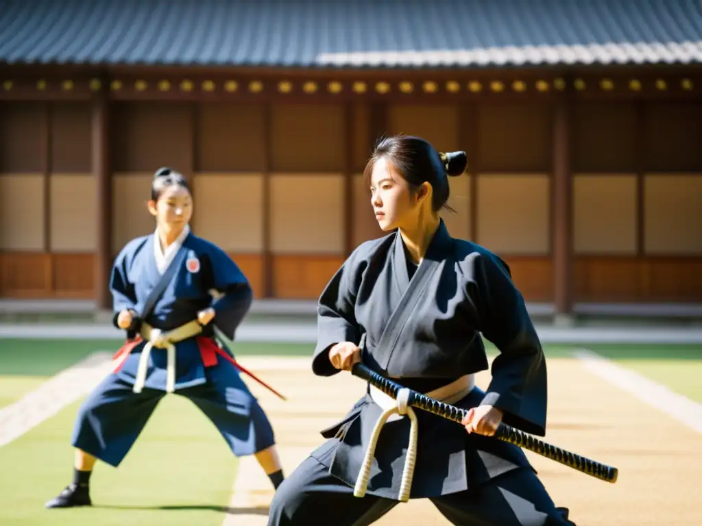 Grupo de estudiantes practicando artes marciales con disciplina samurai en el aprendizaje