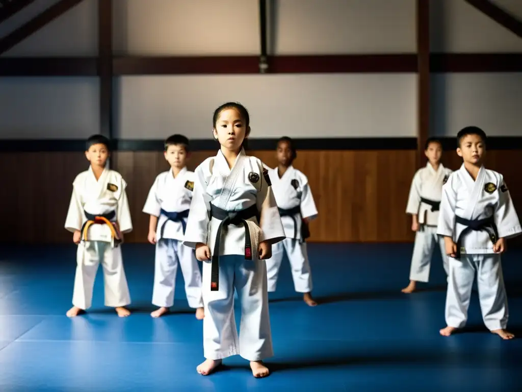 Grupo de jóvenes estudiantes de artes marciales escuchan atentamente a su sensei en un dojo tradicional, reflejando la importancia de los valores en la juventud asiática