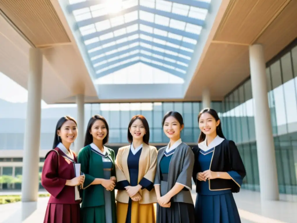 Grupo de estudiantes asiáticas en atuendo tradicional frente a moderna universidad, simbolizando la experiencia mujer educación superior asiática