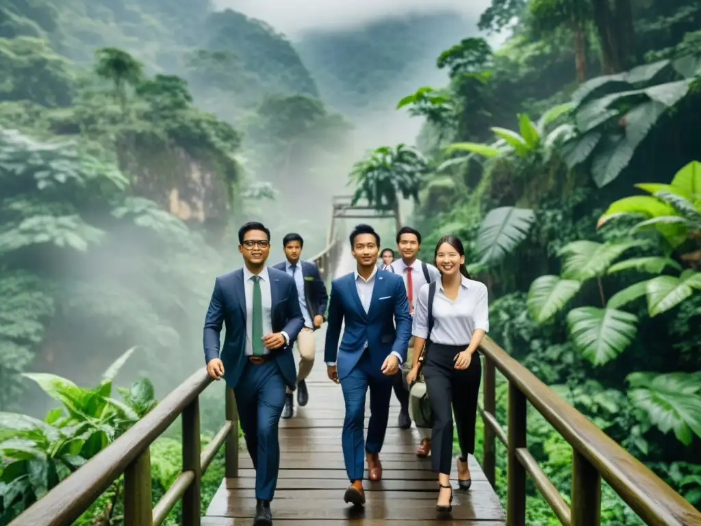 Grupo de estudiantes de MBA asiático superando desafíos, cruzando un puente en la jungla asiática con determinación y trabajo en equipo