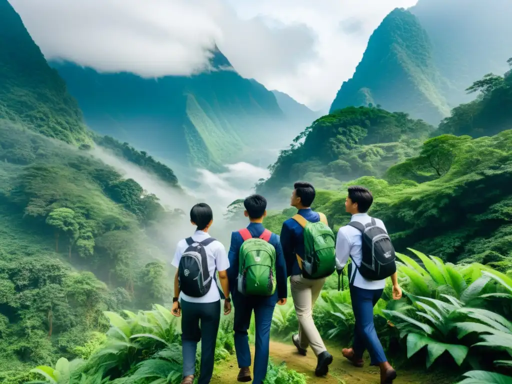 Grupo de estudiantes de MBA asiático superando desafíos en la misteriosa y exuberante selva de Asia, con una montaña nevada al fondo