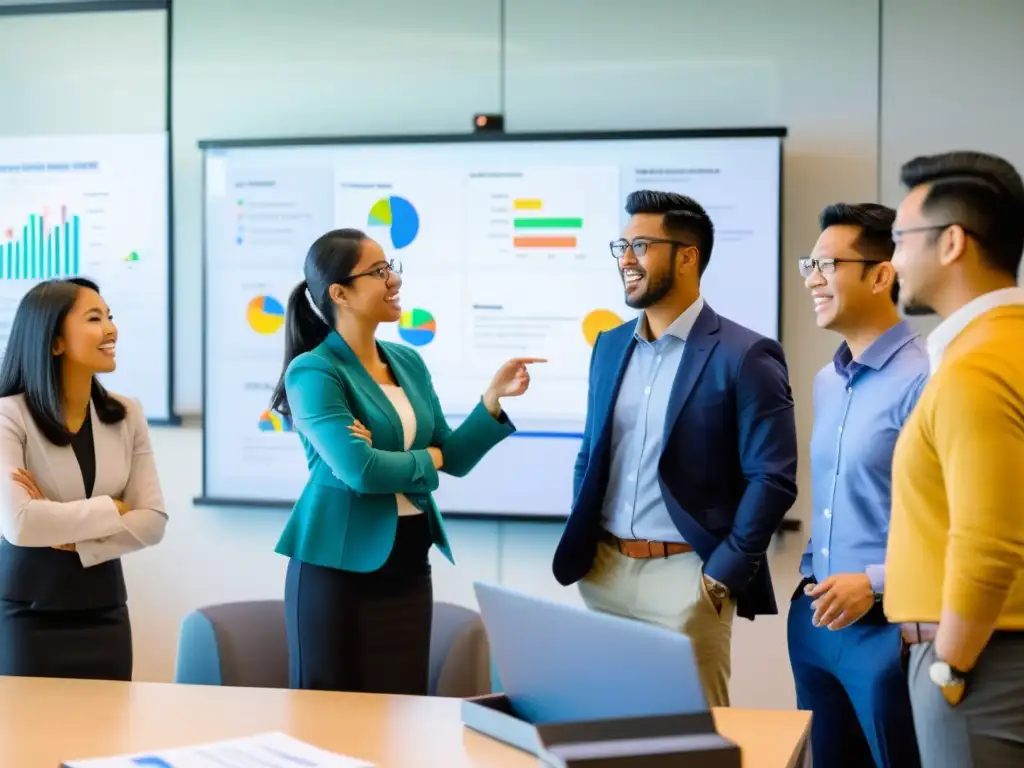 Grupo de estudiantes de MBA asiático superando desafíos en estrategia empresarial, colaborando apasionadamente en un aula llena de energía