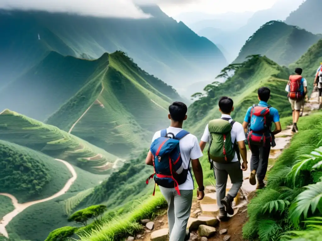 Un grupo de estudiantes de MBA asiático superando desafíos al escalar una montaña en la naturaleza asiática