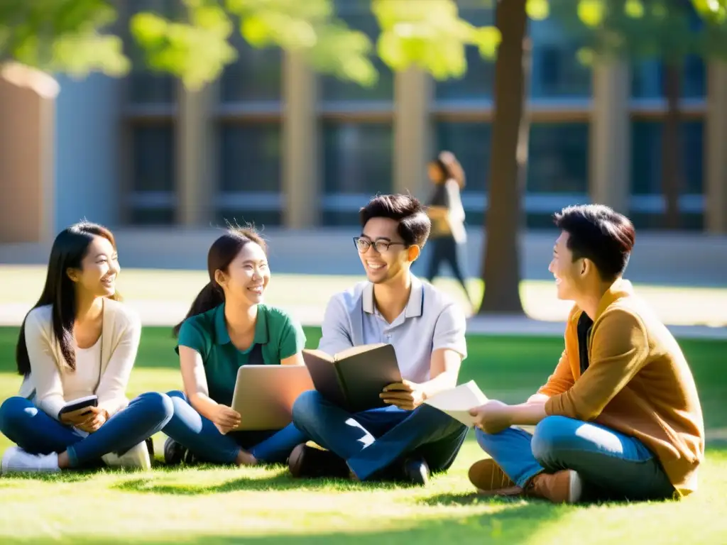 Grupo de estudiantes asiáticos en animada discusión en el campus universitario