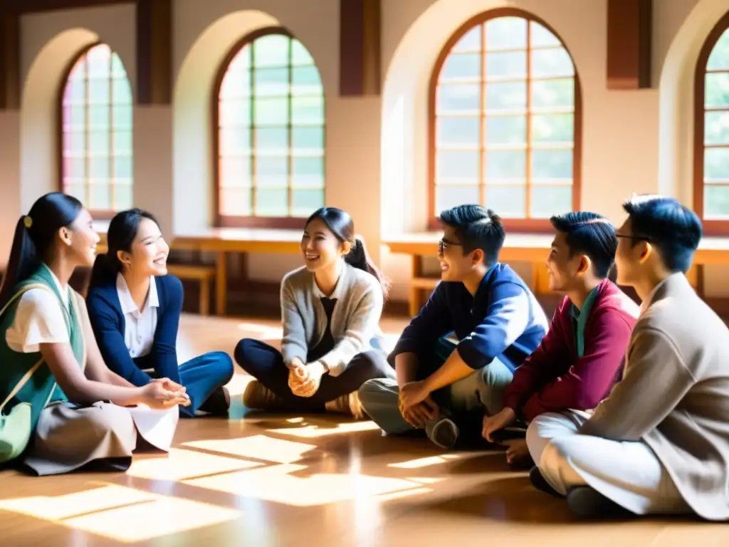 Un grupo de estudiantes asiáticos participa en un animado intercambio cultural y educativo, rodeados de artefactos tradicionales y materiales educativos